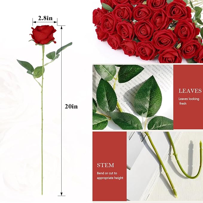 Artificial Velvet Silk White Roses for Wedding Centerpieces & Bridal Bouquets - Mother's Day & Valentine's Day Home Decor (120, Red)