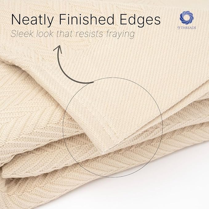 9Threads Queen Size Multipurpose Blanket, 100% Extra Long Staple Cotton, Soft & Breathable Herringbone Weave, Beige, Lightweight, Machine Washable, All-Season Throw Blanket for Bedroom & Travel