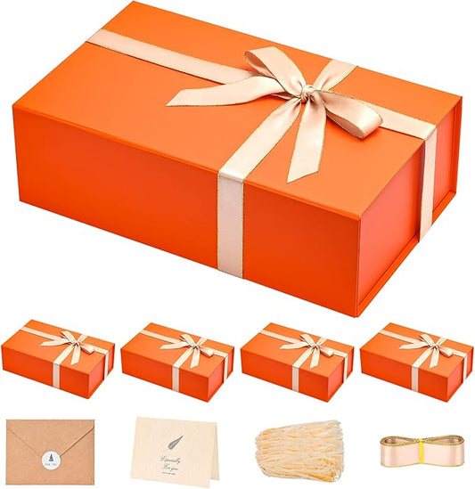LIFELUM Christmas Gift Boxes 13.85 x 8.35 x 4.45 inch 5 Pack Gift Boxes with Lids Contains Card, Ribbon, Shredded Paper Filler (Orange)