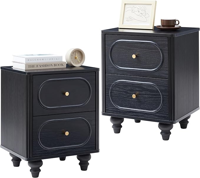 2 Drawer Fluted Nightstand, Mid Century Modern Farmhouse Night Stand Small End Table Bedside Table for Bedroom, Living Room, Black