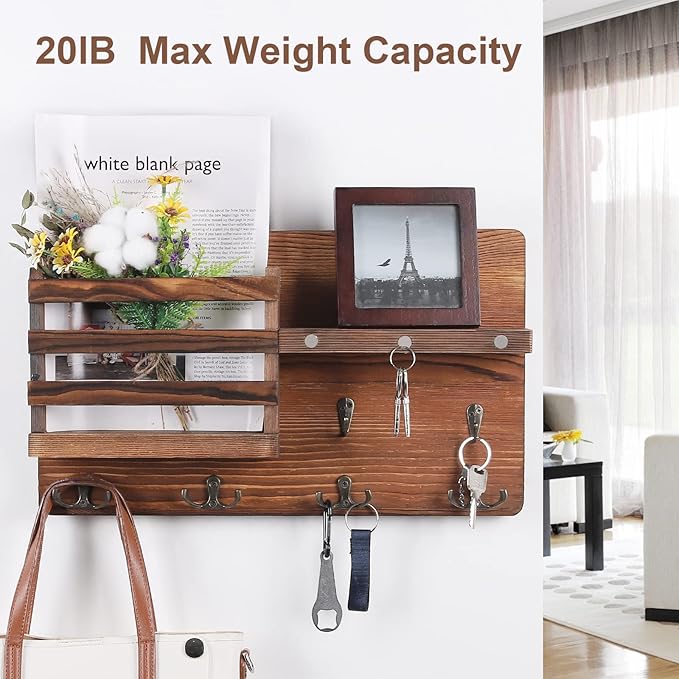 Decorative Key Hanging Rack with 10 Hooks – Easy Install Natural Wooden Key and Mail Holder for Wall Mount – Entryway Decor Rack with Shelf (Brown)