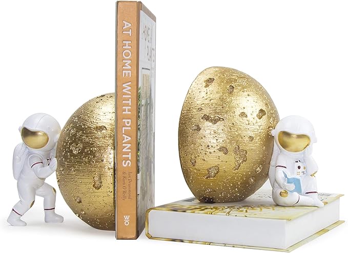 Heavy Duty Astronaut Bookends, Space-Themed Book Ends for Kids Room & Nursery Decor, Gold Moon Book Stoppers to Hold Books, Decorative Bookends for Shelves, Ideal for Boys and Girls