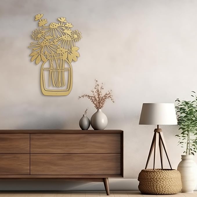SIGNLEADER Metal Wall Art Decor Flower Bouquet in Bottle Minimalist Modern Abstract Wall Sculpture Hangings Home Decoration for Living Room, Bedroom, Bathroom, Kitchen, Outdoor - 18" Gold