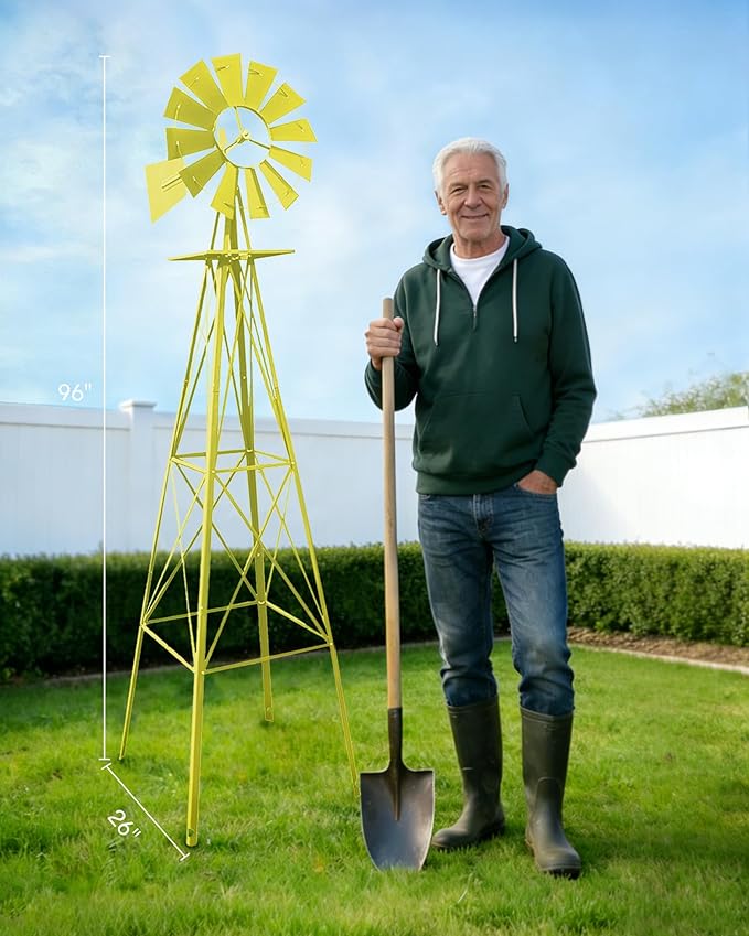 8FT Windmill for Yard Garden Decoration with Weather Vanes，Heavy Duty Outdoor Wind Mills, Large Metal Outdoor Windmill,Weather Resistant,Yellow