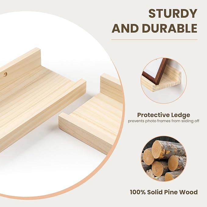 Fun Memories Picture Ledge Shelf, Pine Wood Floating Shelves Set of 2, 36 inch Nursery Book Shelves, Photo Ledge Book Shelves Wall Mounted for Living Room Kids' Room Bedroom - Natural