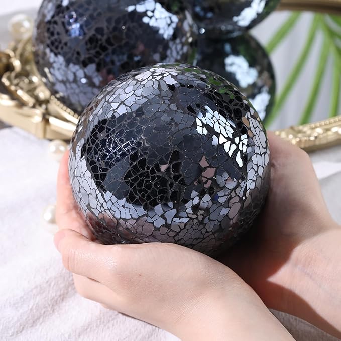DomeStar 3PCS Decorative Balls for Bowls, 4 Inch Black Orbs Glass Balls for Centerpiece Bowls Mosaic Sphere for Home Decoration Dining Table