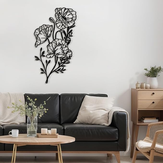 SIGNLEADER Metal Wall Art Decor Line flower Minimalist Modern Abstract Wall Sculpture Hangings Home Decoration for Living Room, Bedroom, Bathroom, Kitchen, Outdoor - 18" Black