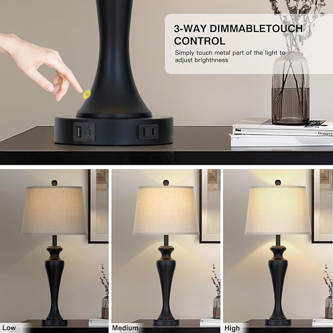 30" Table Lamp Single, 3-Way Dimmable Touch Bedside Lamp with USB A+C Ports and AC Outlet, Tall Living Room Lamps for Side Table, Modern Bedroom Lamp for Nightstand, Black-1PK