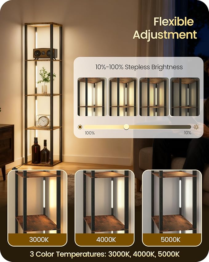 GOEBLESON 64.2" Display Shelf with Light, Modern Corner Floor Lampe with Shelves, LED Dimmable Standing Lamp with Remote for Living Room, Bedroom, Office, Adjustable CCT, Rustic Brown Square F51LD05
