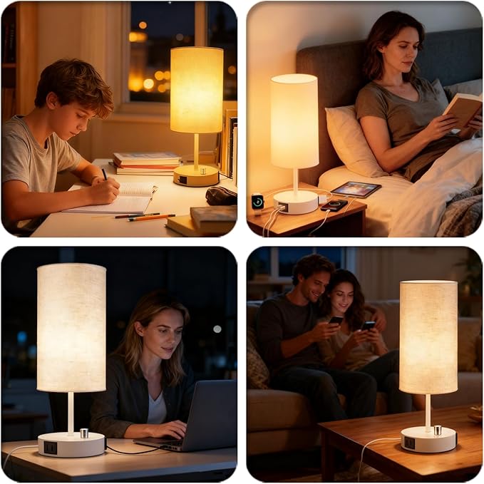 HiBay 17.75" Dimmable Bedside Table Lamp with Charging Station - 2 USB Ports & AC Outlet, Modern White Nightstand Light with Round Fabric Shade for Bedroom Living Room Office, Bulb Included