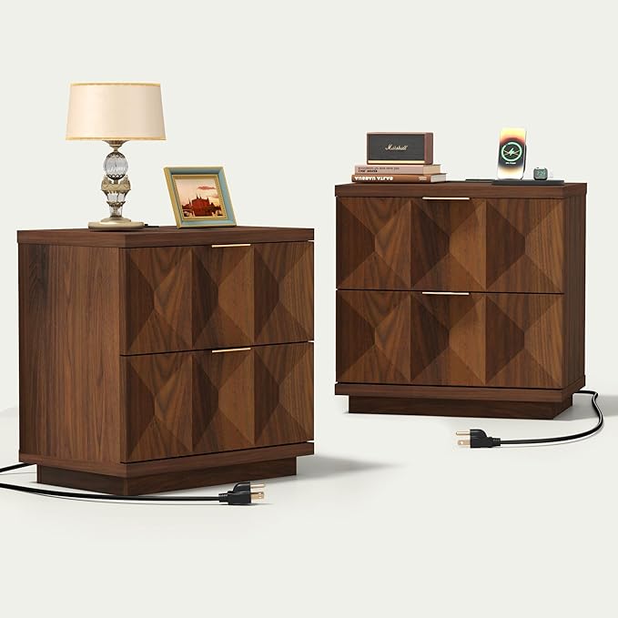 Yechen 23.6" Walnut Nightstand with 20W Faster Charging Station, Modern Bedside Table with 3D Geometric Drawers Front Panel, Wood 2 Drawer Night Stand with Storage, Accent End Table for Bedroom