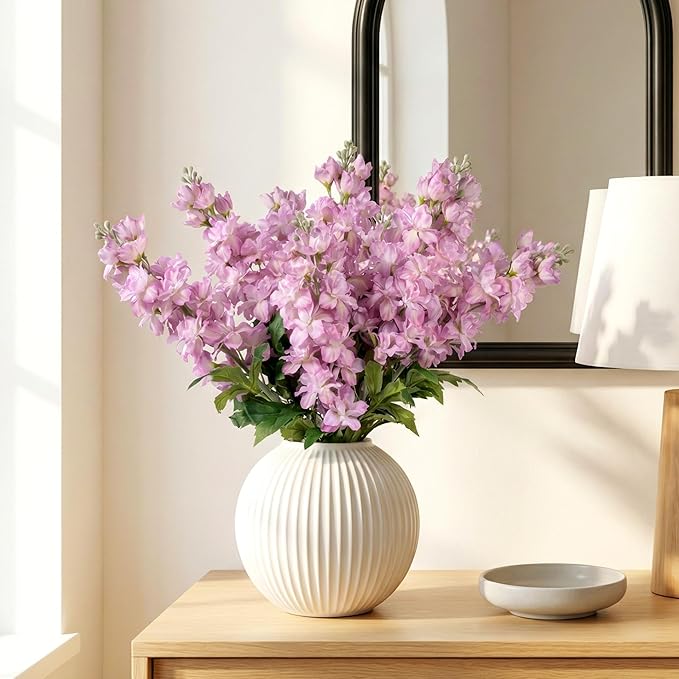 Fake Flowers 23.6” Delphinium Artificial Flowers 8Pcs Silk Flowers with Stems Long Stem Artificial Flowers for Tall Vase Faux Flowers for Indoor Home Decoration Wedding Decoration Centerpiece (Purple)