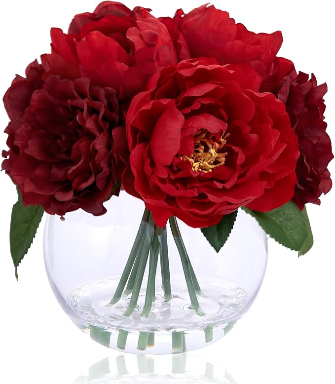 Artificial Flowers in Vase, Silk Burgundy Classical Red Peonies Flowers for Vase with Faux Water, Fake Flower Arrangements for Winter Coffee Christmas Dining Table Centerpieces Decor & Mom's Gift