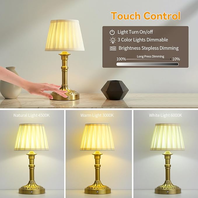 Portables Cordless Table Lamp Set of 2, Fabric Shade Des Lamps,5200mAh Battery Operated,3 Color Stepless Dimming Up,for Restaurant, Bedroom, Camping, Bar, Coffee Shop, (Bronze)