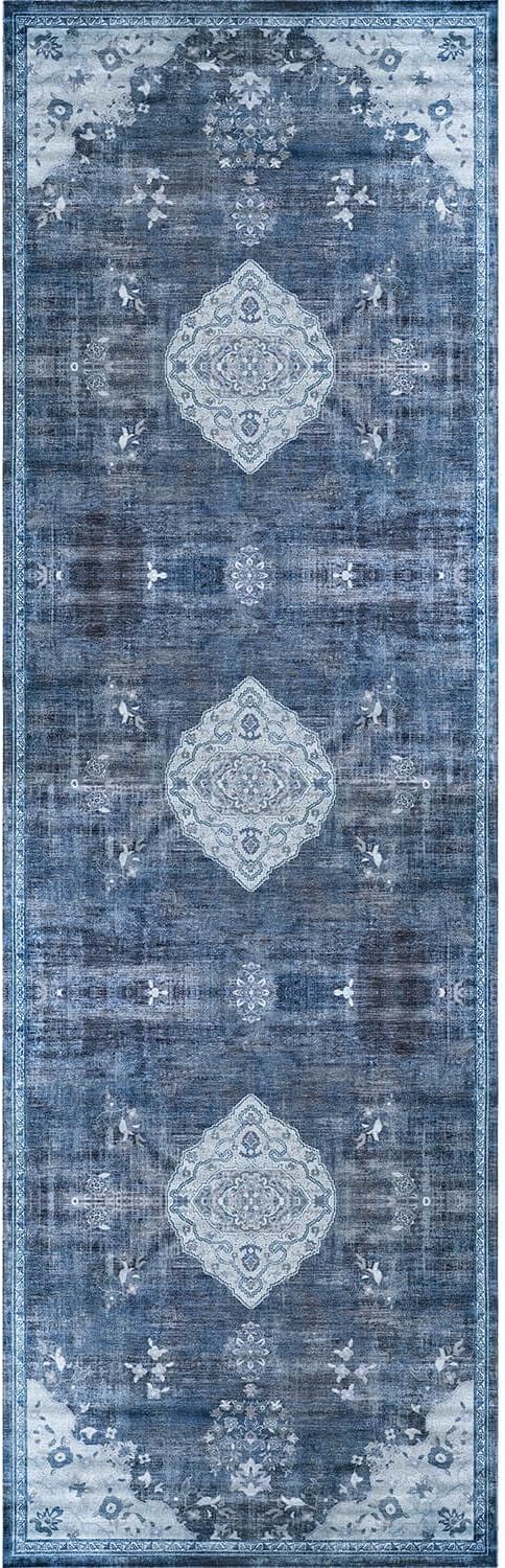 Beverly Rug Non Slip Rugs 2x7 Boho Medallion Floral Non Skid Rubber Backing Easy Silk Soft Runner Rug for Living Room Easy to Clean Non Shedding Kitchen Bedroom Indoor Carpet (2 x 7 Blue - Gray)