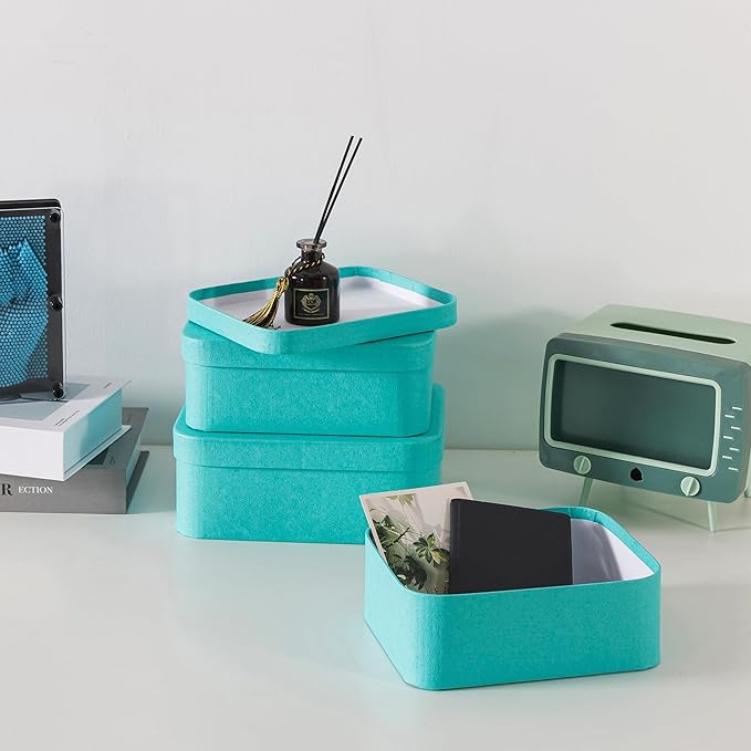 Soul & Lane Set of 3 Textured Blue Boxes with Rounded Edges - Nesting Decorative Cardboard Boxes with Lids for Gifts and Keepsakes, Large Paperboard Storage for Organizing