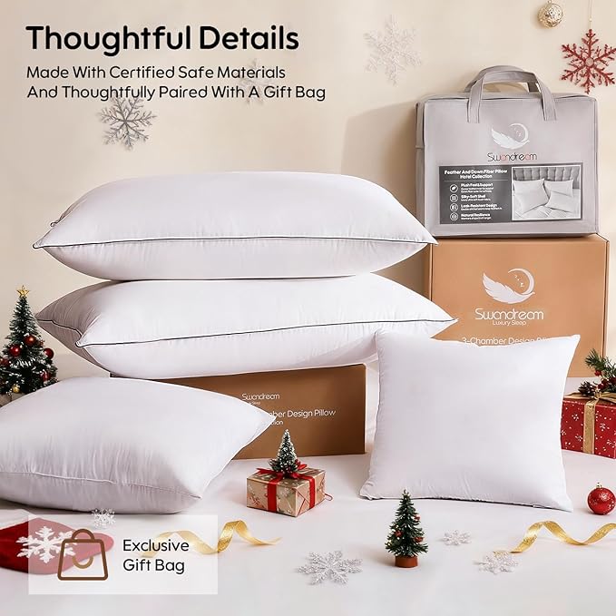 Swandream Goose Feather Down Fiber Standard Pillow Single Pack, Luxury 3-Chamber Pillows with Soft & Down-Proof Cover, Fluffy Plush Hotel Bed Pillows for Side, Back & Stomach Sleepers, 20"x26"