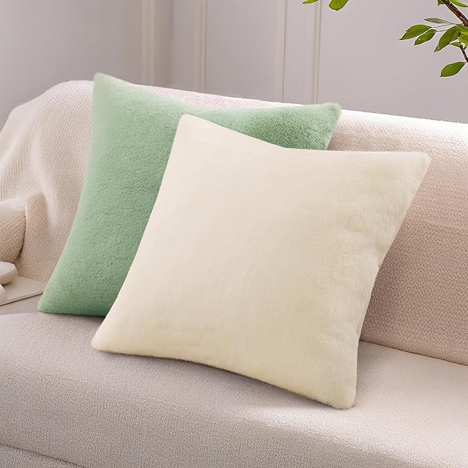 Pallene Faux Fur Plush Spring Throw Pillow Covers 26x26 Set of 2, Soft Fluffy Couch Pillow Covers for Living Room, Sage Green