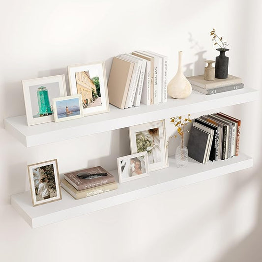 Floating Shelves for Wall, Engineered Wood Wall Shelves with Invisible Brackets for Living Room Bedroom Bathroom Office Kitchen Decor and Storage (White, 48" W x 9" D x 1.5" H) Set of 2