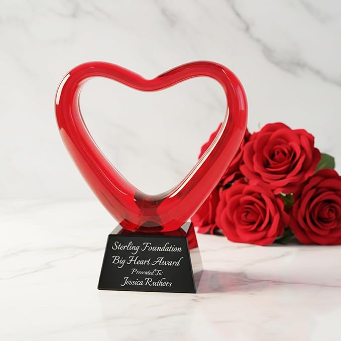 Personalized 6.5" Red Glass Heart Award, Custom Engraved Decorative Heart-Shaped Glass Award Statue for Appreciation, Recognition, Grattitude
