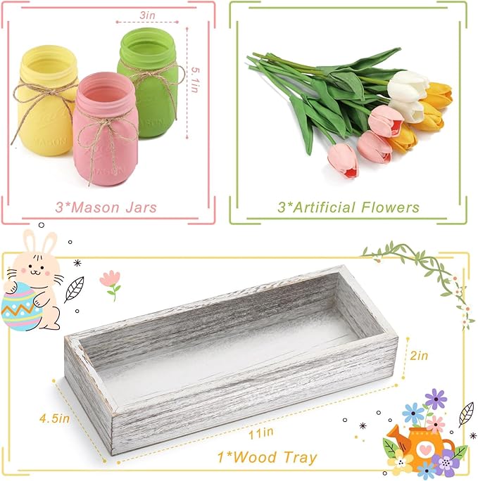 Spring Decorations, Spring Mason Jar Centerpiece for Table with Wood Tray & Artificial Tulips, Tulip Decorative Jars for Farmhouse Home decor, Easter Table Decor, Easter Decorations for Home Office