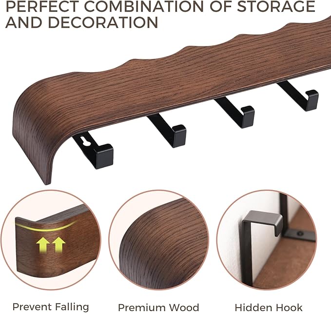 Wall Coat Rack Floating Shelves Modern Coat Rack Wall Mount with Storage Entryway Shelf Wooden Hanger 20 Inch 4 Hidden Metal Hooks for Living Room Bedroom (Wavy Walnut Color, 5 Hooks)