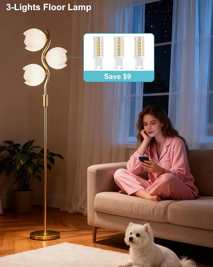 Lightdot 62IN Gold Floor Lamp Stepless Dimmable Bud-Shaped Floor Lamps with 3Pcs 3000K G9 Bulbs Eye-Friendly Mid Century Standing Lamps with Stable Base for Living Room/Bedroom/Corner/Office