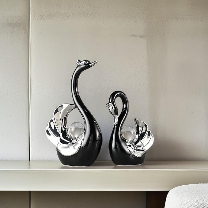 XINDAM A Pair of Swan Figurines Swans Statue with Crystal Ball Model Home Office Display Decorative Craft Living Room Decor (Black)