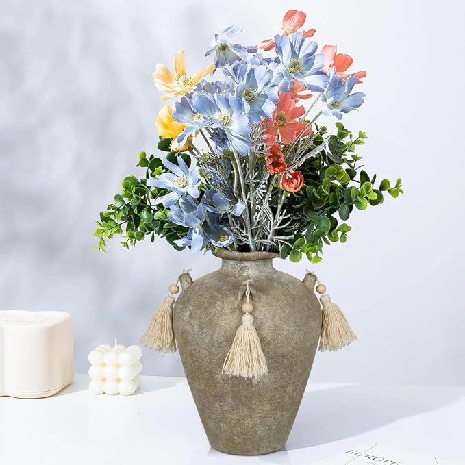 Large Decorative Ceramic Vase with Tassels, 9.4" Boho Flower Vase with Handles, Textured Rustic Farmhouse Vases for Home & Office Decor, Table Centerpiece, Living Room, Entryway, Wedding, Party Decor