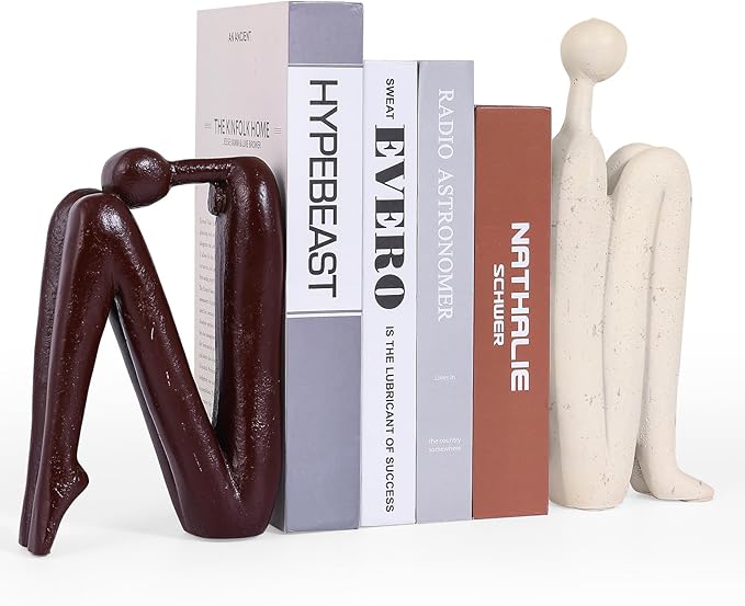 Thinker Statue Decorative Bookends,1 Pair/2 PCS Book Ends for Shelves Unique Modern Book Stopper for Heavy Books, Abstract Aesthetic Decor, Modern Home Bookshelf Decoration (White and Red Brown)