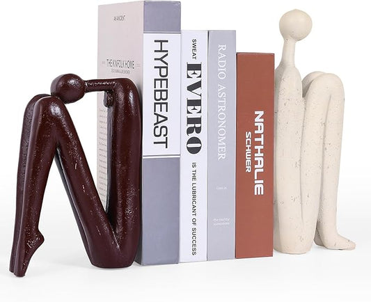 Thinker Statue Decorative Bookends,1 Pair/2 PCS Book Ends for Shelves Unique Modern Book Stopper for Heavy Books, Abstract Aesthetic Decor, Modern Home Bookshelf Decoration (White and Red Brown)