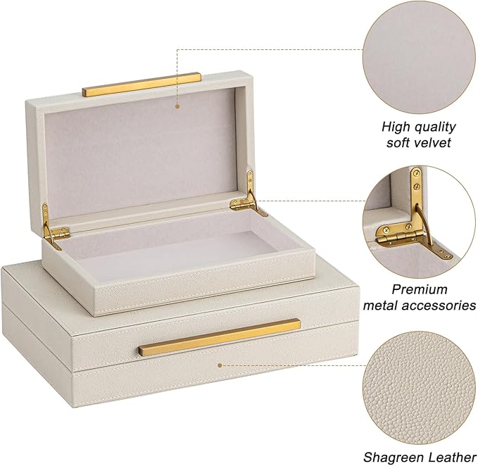 Faux Leather Large Modern Stackable Nesting Jewelry Box with Lids Organizer – Set of 2 Beige Shagreen Decorative Storage Boxes with Gold Metal Handles
