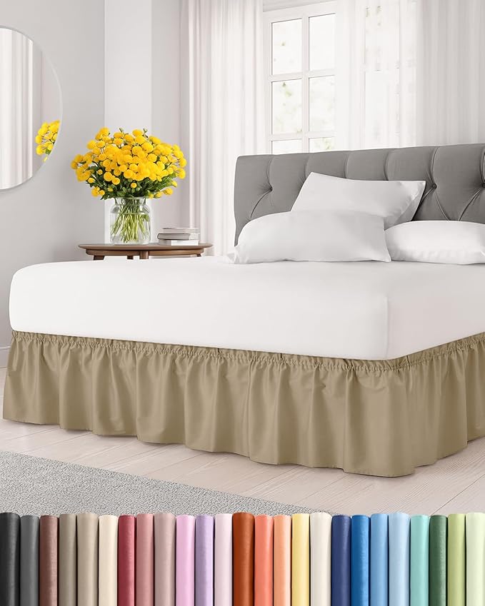 Wrap Around Dust Ruffle Bed Skirt - Beige - for King Size Beds with 24 Inch Drop - Easy Fit Elastic Strap - Adjustable Pleated Bedskirt w/Brushed Fabric - Wrinkle Free - for Women, Men, Kids & Teens