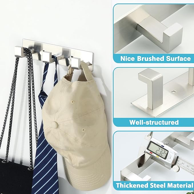 Alise Coat Hooks Wall Mount,Hat and Coat Rack with 3 Hooks Wall Mount Key Hooks for Robes,Bags,Keys,and Towels,SUS304 Stainless Steel Wall Hooks for Hanging,Self Adhesive or Drilling,Brushed