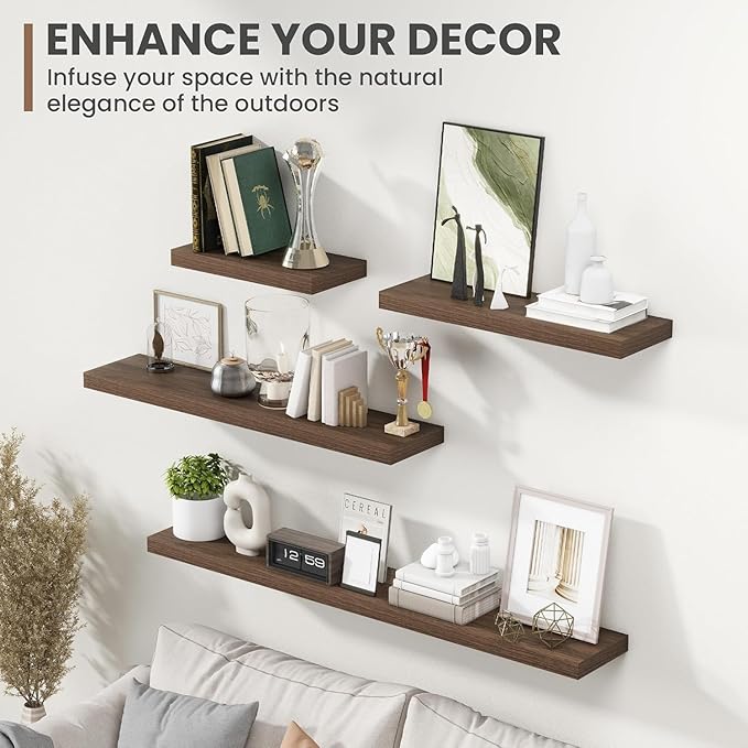 55 Inch Floating Shelves, 8 Inch Deep Floating Shelves for Wall, Hanging Shelf with Invisible Brackets, Deep Shelves for Bathroom, Bedroom, Living Room, Walnut, Set of 2