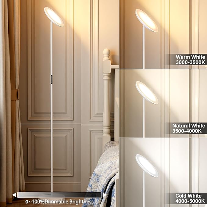 PreeOtti Modern LED Floor Lamp - Remote & Touch Control, Sky Torchiere Standing Lamp, Fully Dimmable, 3 Color Temperatures, Ideal for Living Room & Bedroom, Easy to Assemble(White)