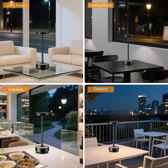 Cordless Table Lamp Rechargeable - Waterproof, Touch 3-Color Lighting Portable LED Table Light for Outdoor,Patio,Restaurant.(Black)