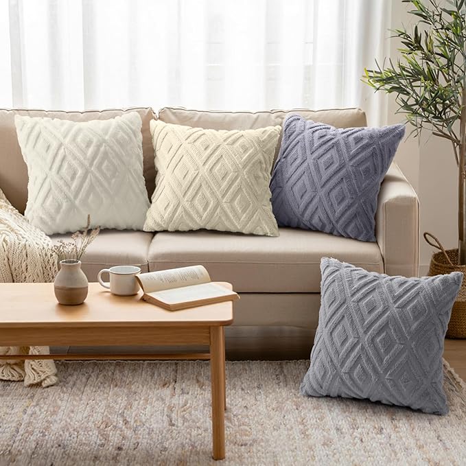 decorUhome Pack of 4 Faux Fur Throw Pillow Covers 16x16, Soft Decorative Couch Pillow Covers with Velvet Back for Modern Sofa Living Room, Grey/Beige