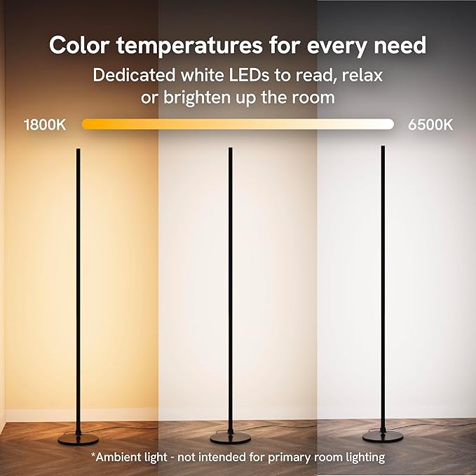 Aura RGBICW Floor Lamp, Ambient Lighting LED Corner Light App & Voice Control with Music Sync 1000 Lumen 4-Billion Colors, 90+ CRI, Preset & Custom Colors & Scenes, Modern Floor Lamps for Living Room