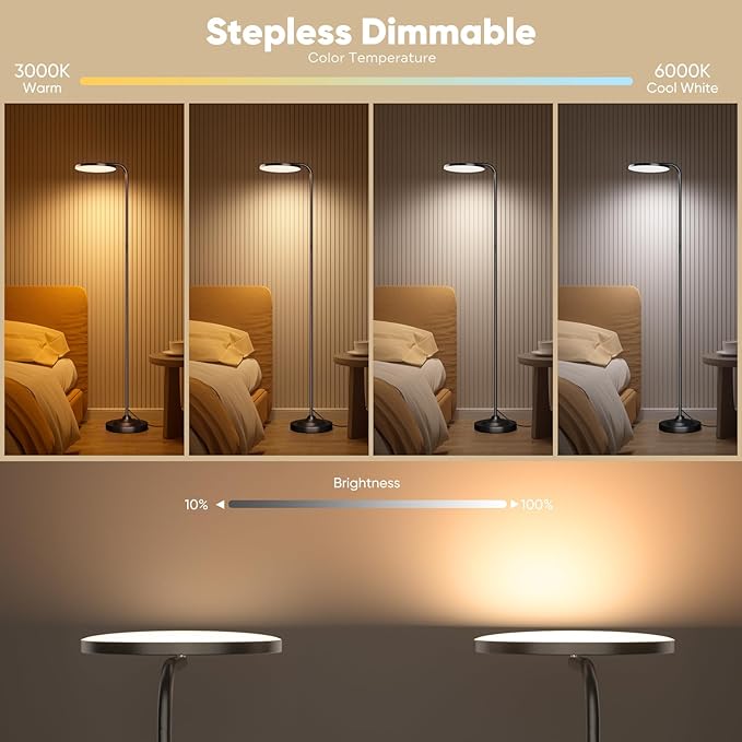 SIBRILLE 36W LED Floor Lamp, Upgrade Super Bright Standing Lamp, Modern Stepless Dimmable Torchiere Tall Lamp with Remote Control, 350°Rotating Head Reading Floor Lamp for Living Room, Bedroom, Office