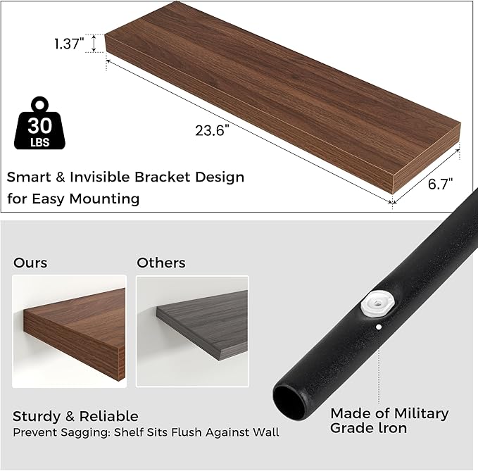 Floating Shelves for Wall 24"W x 6.7"D x 1.37"H, Engineered Wood Wall Shelves with Invisible Brackets for Living Room Bedroom Bathroom Office Kitchen Decor and Storage, Walnut Finish, Set of 2
