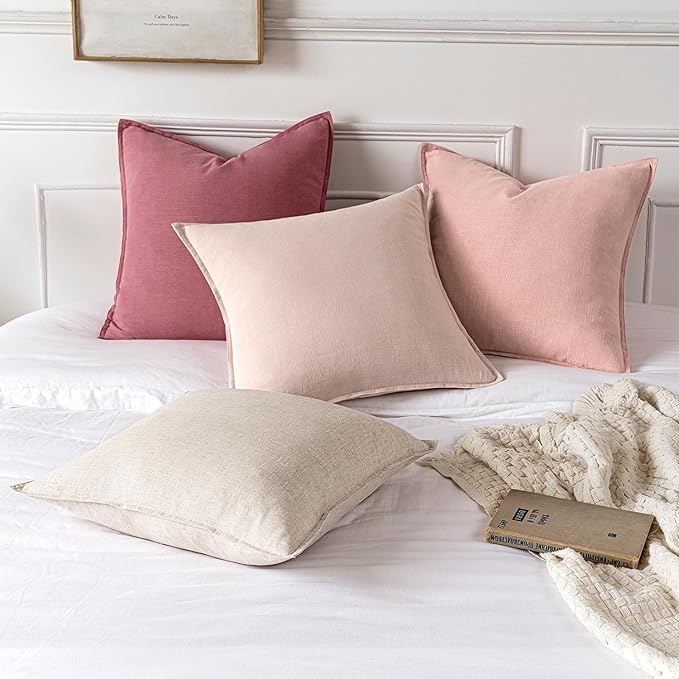 MIULEE Decorative Linen Pillow Covers 18x18 Inch Light Pink Boho Farmhouse Neutral Valentine Spring Couch Throw Pillows for Bed Pack of 2 Accent Modern Pillowcase Sofa Livingroom Home Decor