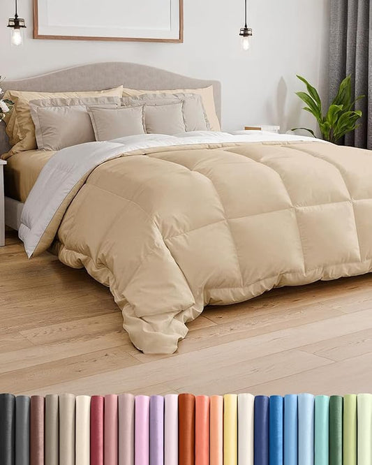 Cal King Size Cream & Antique White Reversible Alternative Down Comforter - Warm Lightweight Breathable Hotel Quality Bedding Set - All Season Cozy Oversized Cooling Microfiber Duvet Insert Comforter