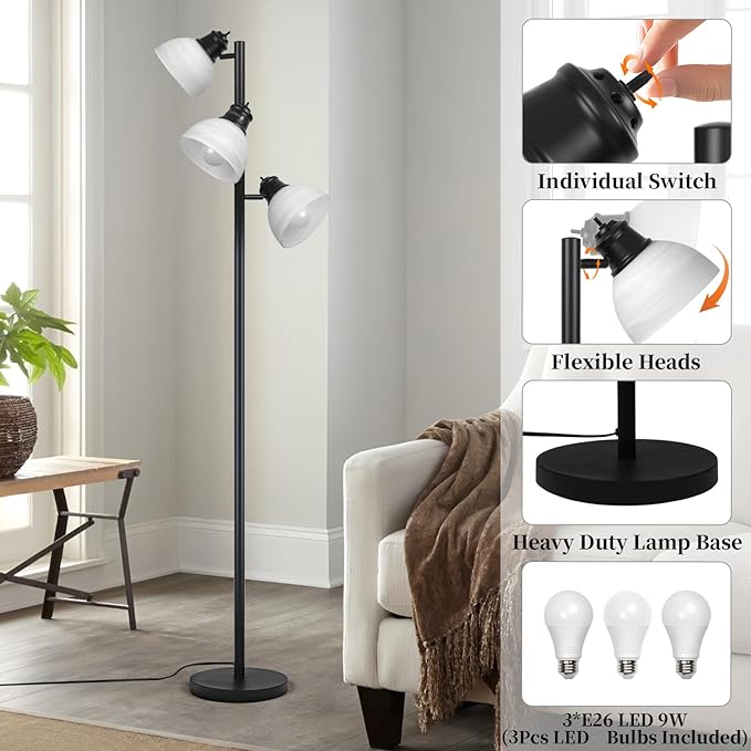 DMBOSS 63" Modern 3-Head Adjustable Floor Lamp, Standing Lamp with Glass Shades for Living Room, Bedroom & Office,3x9W E26 LED Bulbs Included, Weighted Base