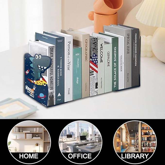 2 Pack Metal Bookends,5.3"x3.9"x8"Non-Slip Darkblue Cartoon Dinosaur Book Stopper,Heavy Duty Premium Space-Themed Decorative Book End, Supports for Kids Children Shelves,Room,School,Learning Gifts