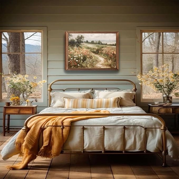 Vintage Cottagecore Canvas Wall Art Farmhouse Wildflower Nature Flower Posters Prints Country Watercolor Style Pictures Wall Decor for Living Room Bedroom Office Bathroom Home Decor 16x24in Framed