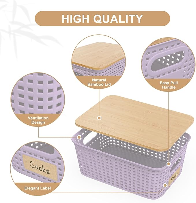Plastic Storage Bins with Bamboo Lid - Stackable Pantry Storage Organizer with Lid - Storage Basket with Lable for Organizing: Small Storage Box for Shelves Cabinet Office Drawer Desktop 10x7x4in 6Pcs