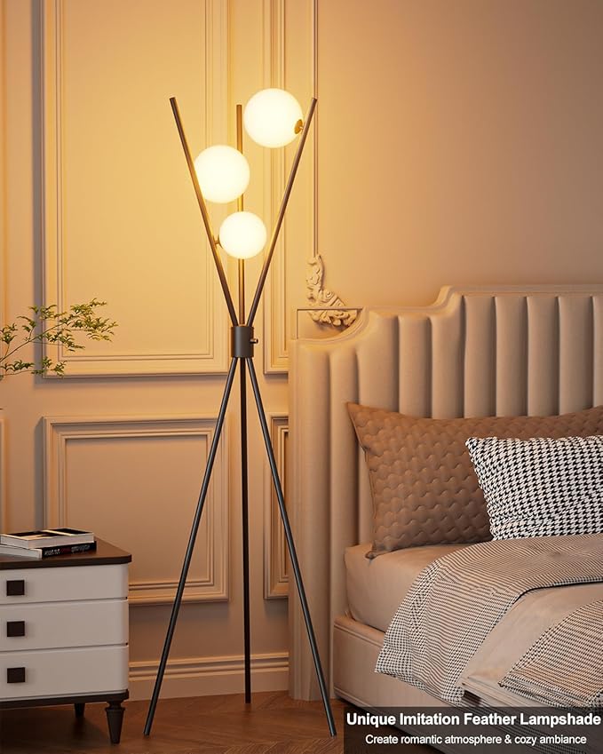 ACOHOOK 3 Globe Dimmable Tripod Floor Lamp, Mid Century Standing Lamps with 3Pcs 3000K Bulbs Included, Modern Tall Lamp for Living Room Bedroom Office-Black