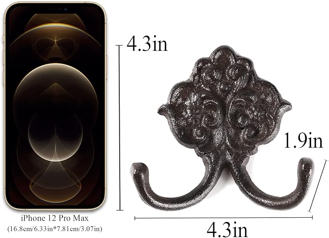 BRASSTAR Cast Iron Simple Floral Decoration Double Hook Hanging for Coats, Bags, Hats, Towels, Keys, Rustic Retro Home Art Decor TQGJPT442