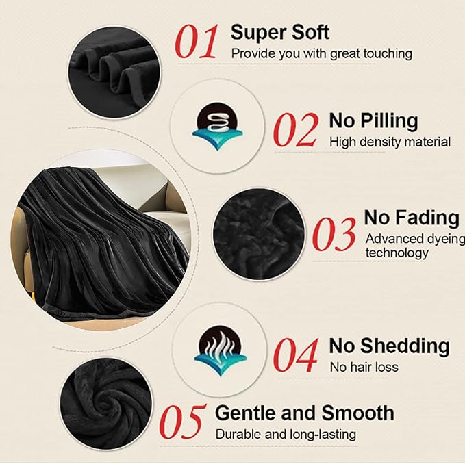 Soft Blanket Twin Size Warm Fuzzy Microplush Lightweight Thermal Fleece Blankets for Couch Bed Sofa,66x90 Inches,Black